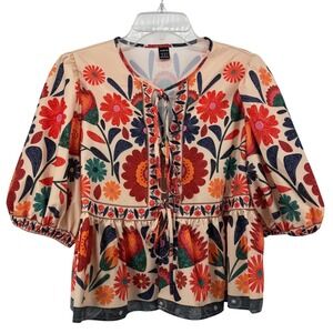 SHEIN Womens Floral Tie Front Top Festival Artsy Boho Folk Ethnic Size Medium
